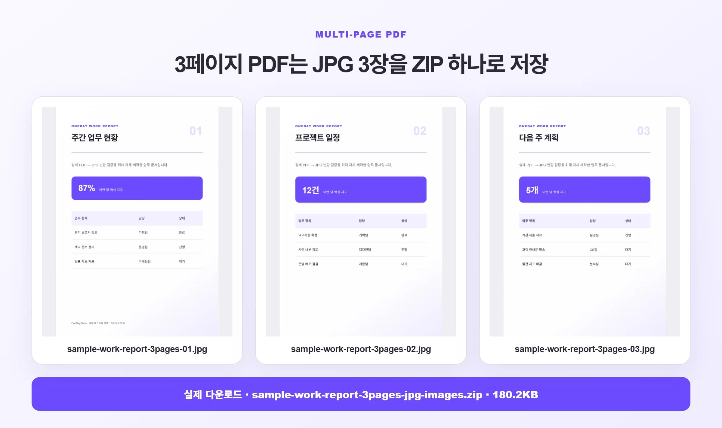 3페이지 PDF를 JPG 세 장으로 변환해 ZIP으로 저장한 실제 결과