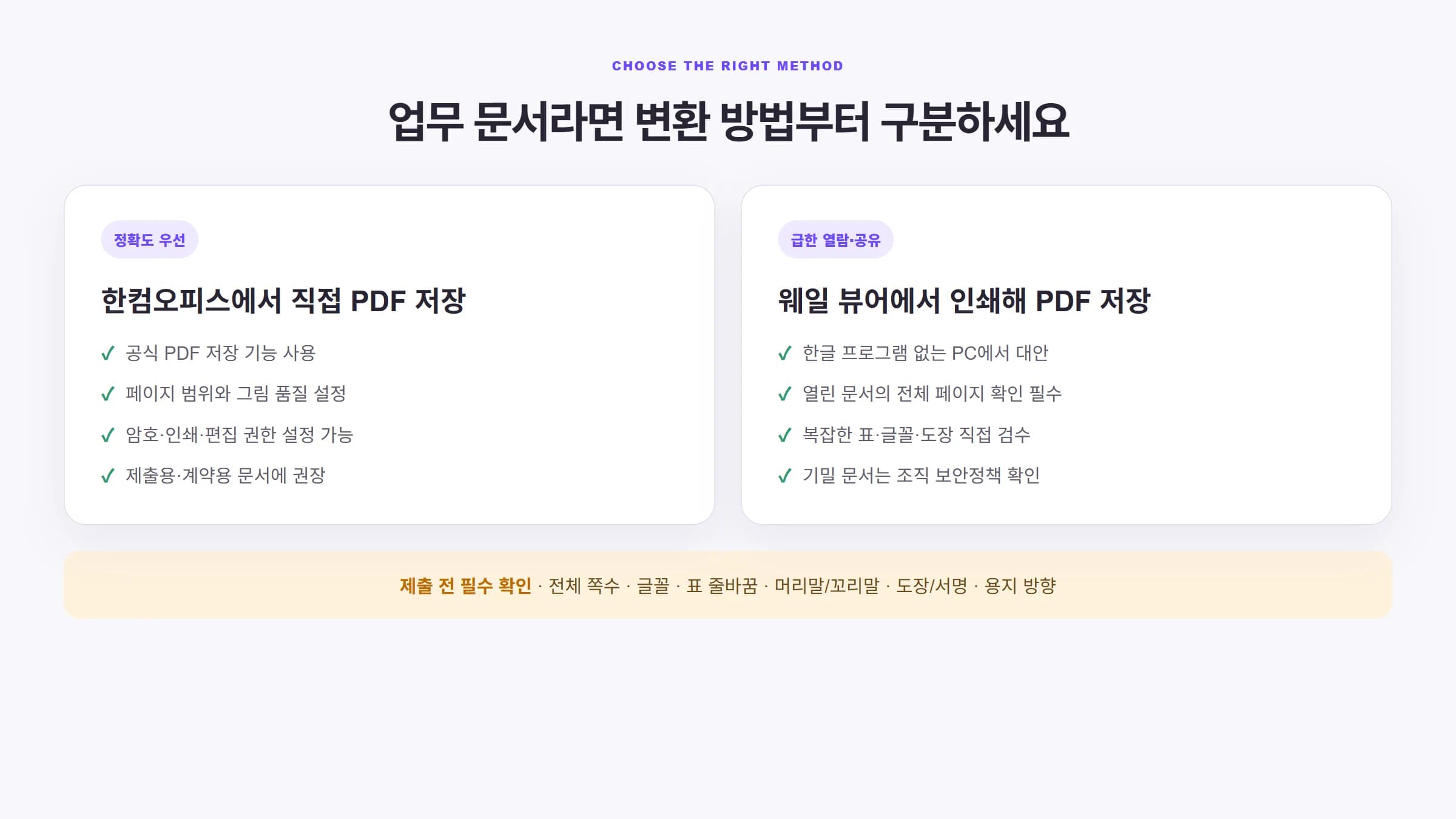 한컴오피스 PDF 저장과 웨일 브라우저 HWP 변환 방법 비교표
